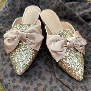 Crown & Ivy Glitter Gold Mules with Bow